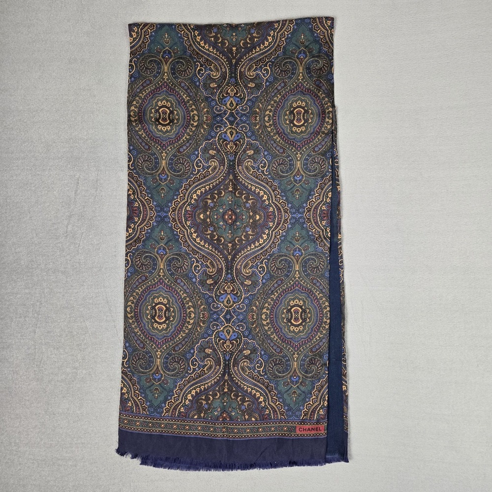 CHANEL Paisley Silk Scarf Navy Multicolor Geometric Abstract Vintage Dual Sided
